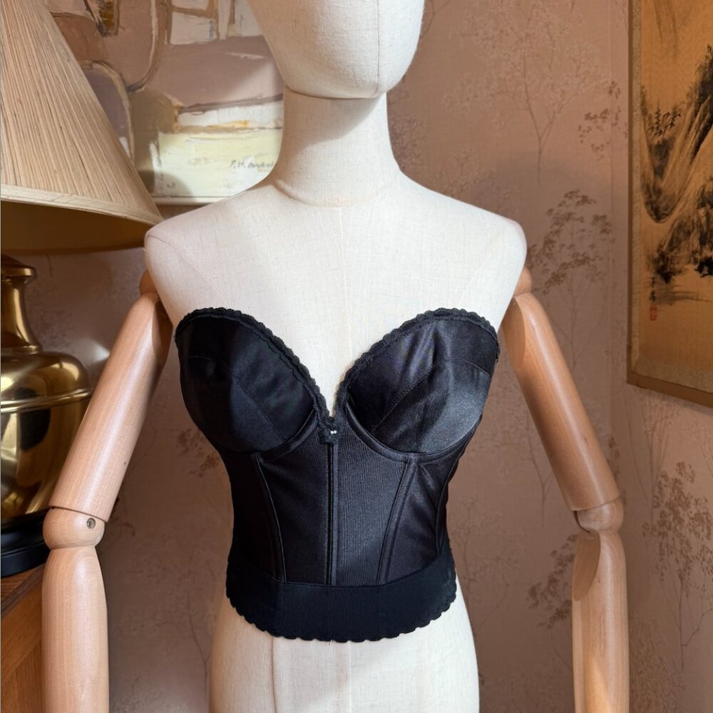 Vintage Flexees Black Satin Strapless Long Line Corset Bra Size 34 C
